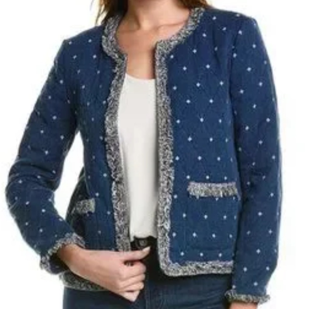 J. McLaughlin Helene Quilted Jacket with Fringe in Blue Navy - S